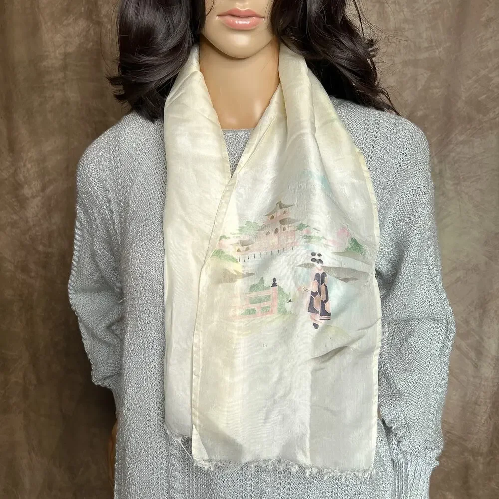 Vintage 40s Japanese Painted Geisha Kimono Garden Pagoda Scarf Multicolor Fringe